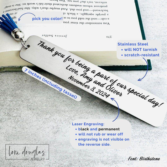 Personalized wedding bookmark featuring the message "Thank You for Being a Part of Our Special Day" with custom names and wedding date. Elegant stainless steel keepsake gift for wedding guests, officiants, readers, bridesmaids, and groomsmen.