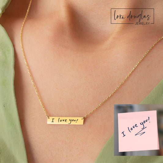 custom handwriting bar necklace engraved with real signature in gold stainless steel