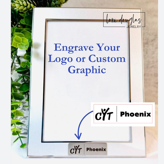 silver 5x7 tabletop picture frame engraved with logo