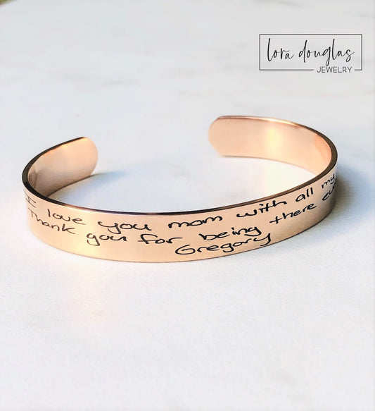 Custom bracelet engraved with Grandma's signature or handwritten note. Stainless steel handwriting jewelry available in silver, gold, and rose gold, making a thoughtful birthday, Christmas, or Mother's Day gift for Grandma.