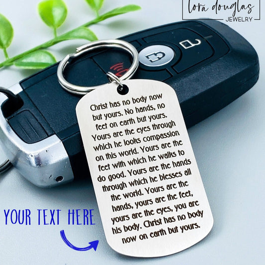 Personalized stainless steel dog tag keychain engraved with custom wording on the front and optional engraving on the back. Custom engraved keychain designed as a thoughtful gift for husbands, boyfriends, fathers, and best friends.