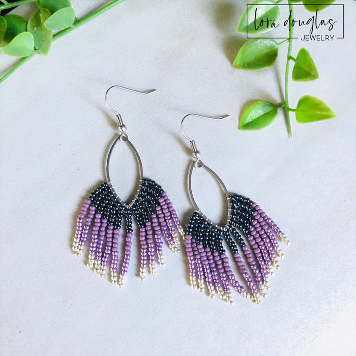 Beaded Fringe Earrings - Purple Silver