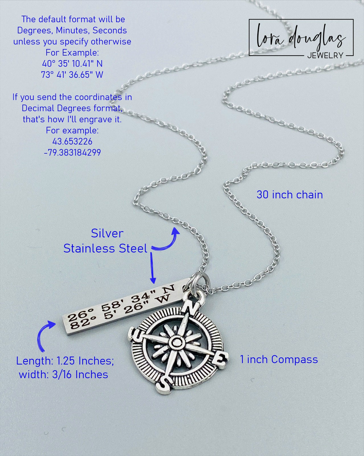 A silver compass necklace with a stainless steel pendant with personalized latitude and longitude coordinates