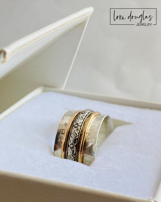 Spinner Ring, Fidget Ring, 925 Sterling Silver and Gold Filled, Size 8