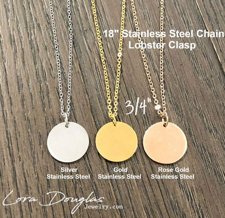 Personalized Engraved Necklace, Circle Necklace, Silver, Rose Gold or Gold Necklace