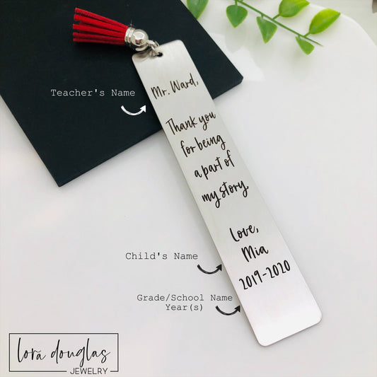 Teacher Appreciation Bookmark, Thank you for being a Part of my Story personalized with teacher and student names