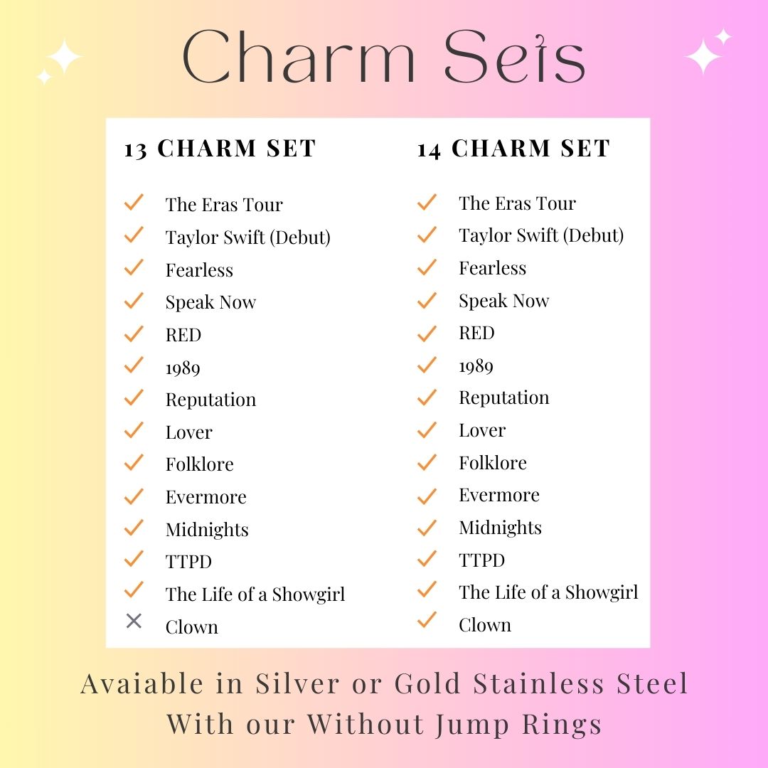 Comparison chart of 'Charm Seis' sets with Taylor Swift album names on a gradient background.