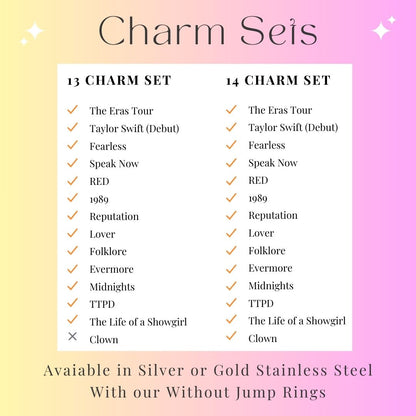 Comparison chart of 'Charm Seis' sets with Taylor Swift album names on a gradient background.