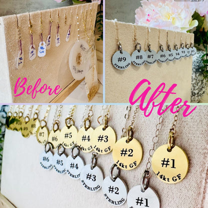 Before and after collage of jewelry display organization using Lora Douglas Jewelry Permanent Jewelry ID Tags for Displays—small tags on hooks shown in Before, upgraded to large round metal labels with numbers and metal type in After. Pink Before/After text included.