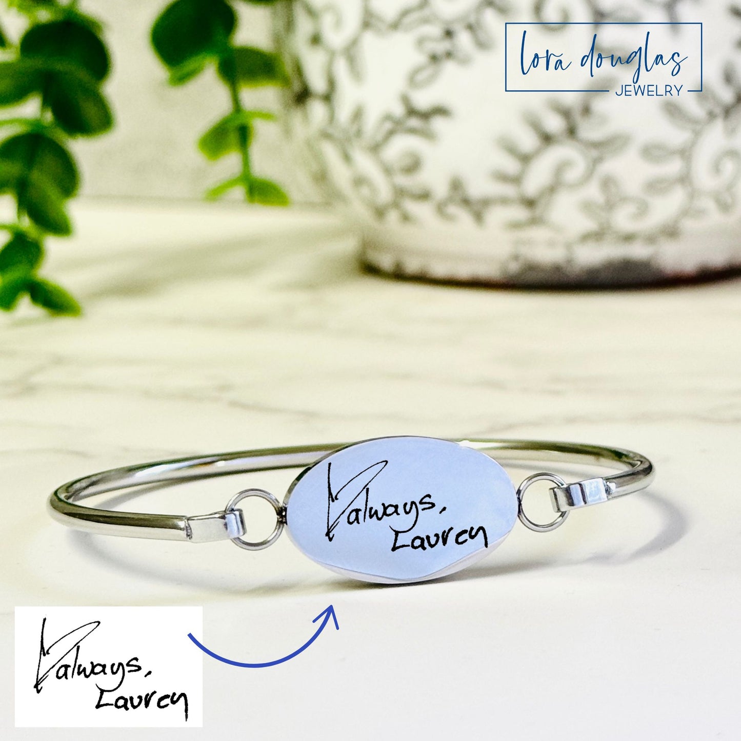 personalized oval bangle with engraved signature or note