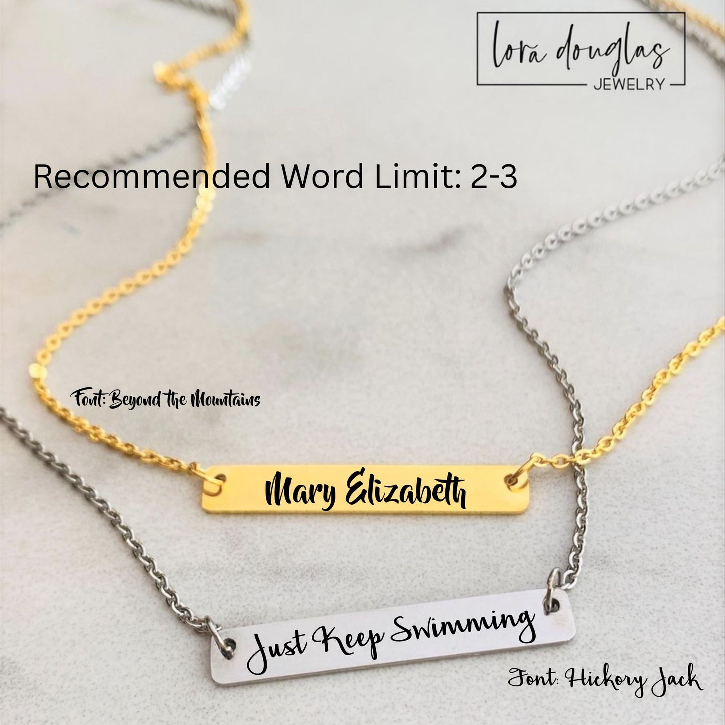 engraved horizontal bar necklace in gold and silver. minimalist engraved bar pendant necklace for women