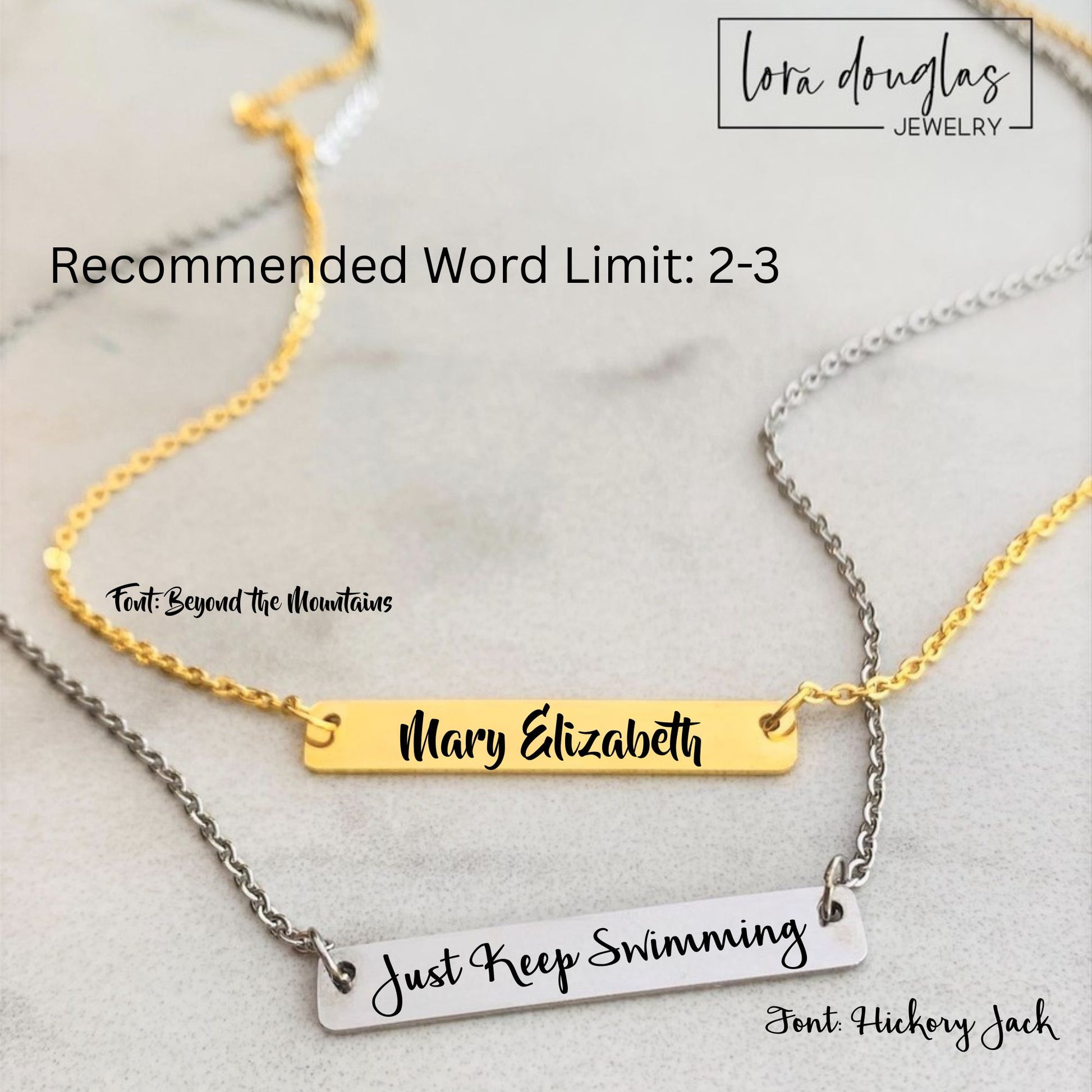 engraved horizontal bar necklace in gold and silver. minimalist engraved bar pendant necklace for women