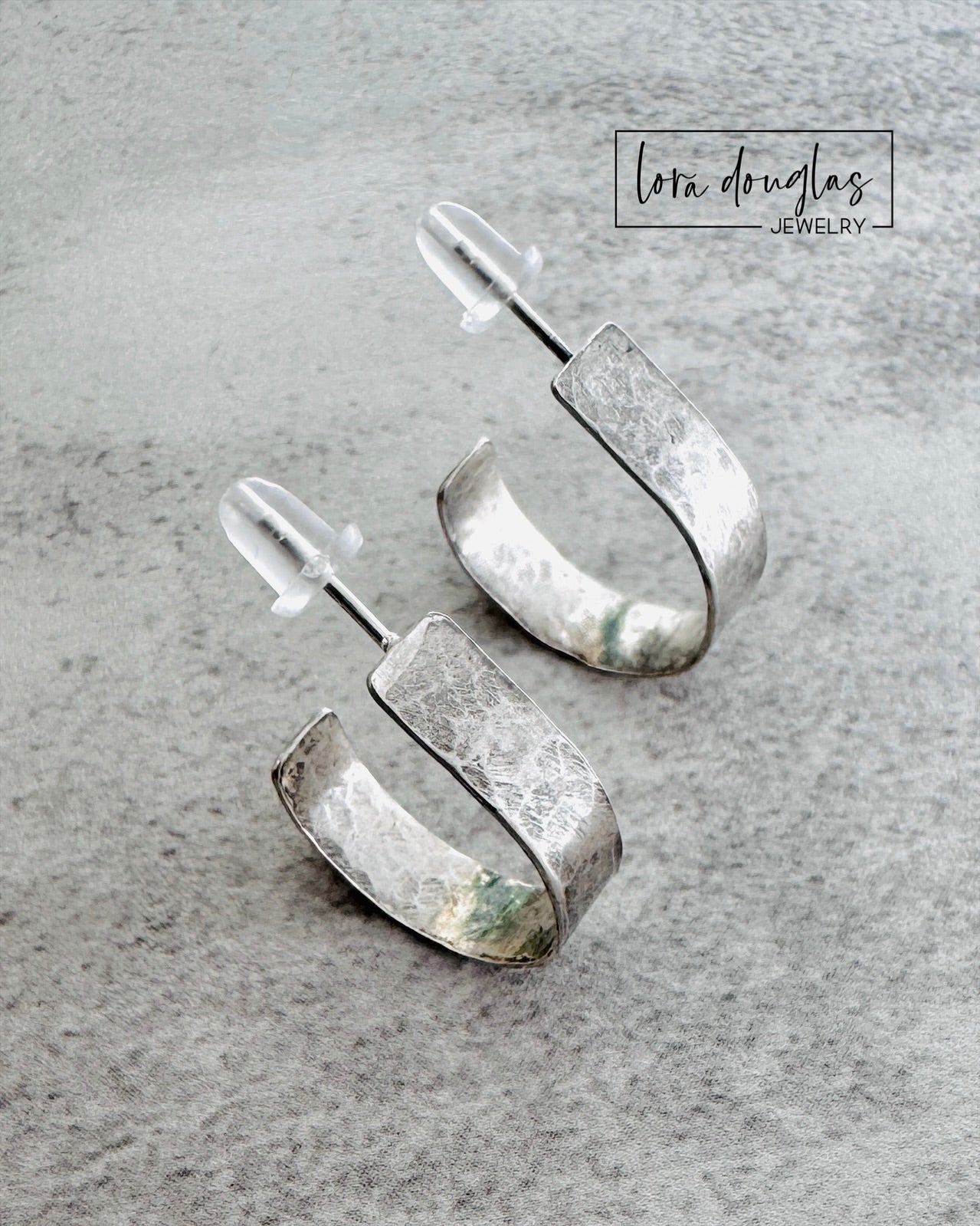 classic sterling silver hoop earrings with hammered texture. lightweight earrings. 