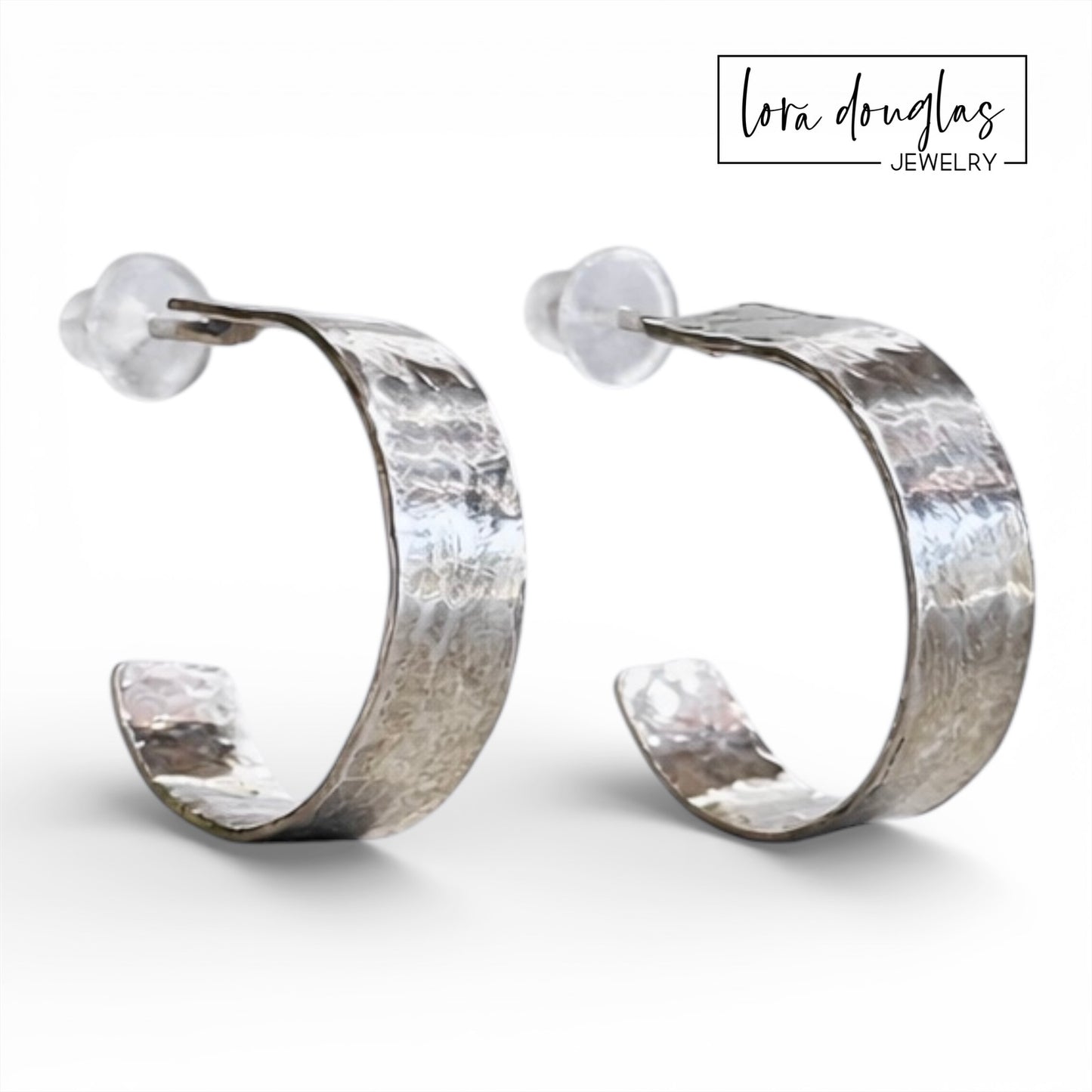 classic sterling silver hoop earrings with hammered texture. lightweight sterling hoop earrings. 