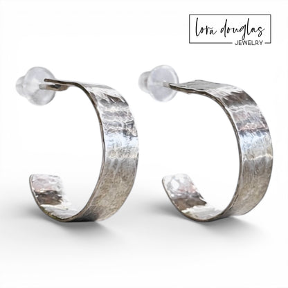 classic sterling silver hoop earrings with hammered texture. lightweight sterling hoop earrings. 