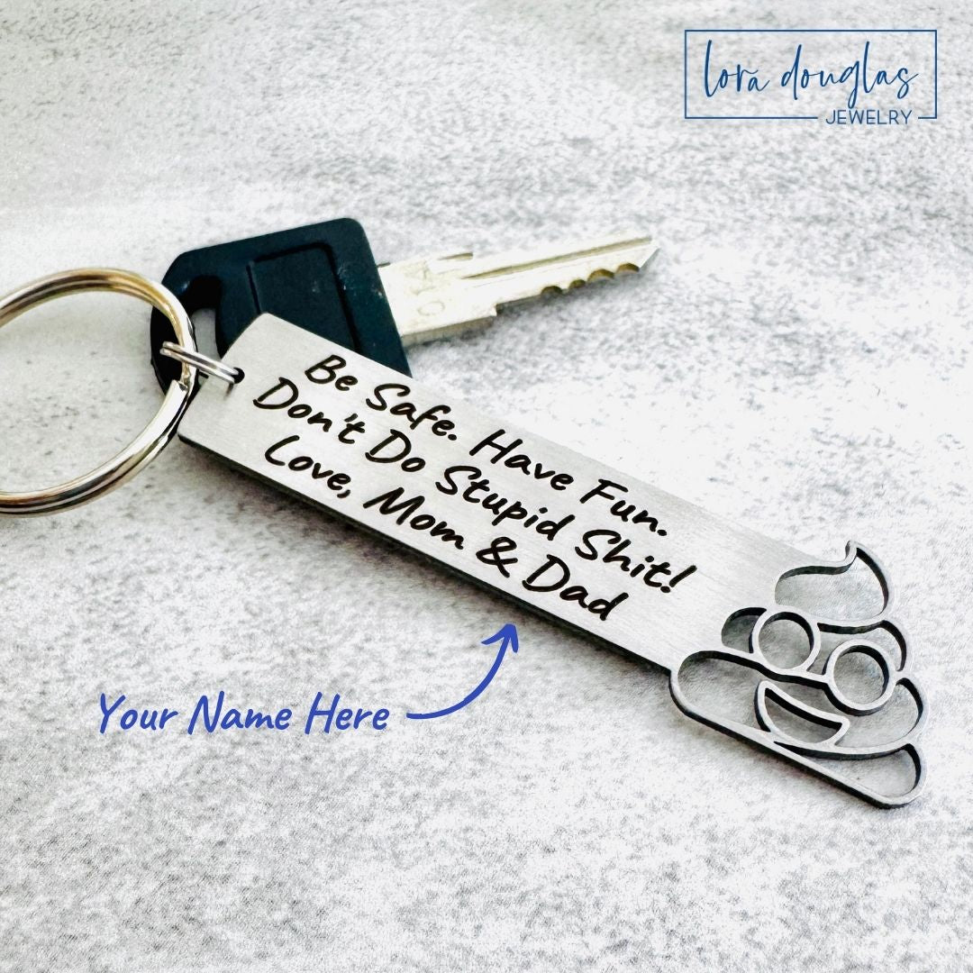 Don't Do Stupid Shit Poop Emoji Cutout Keychain, Personalized Funny Stainless Steel Keyring, Customize With Your Name, Gift Bag Included