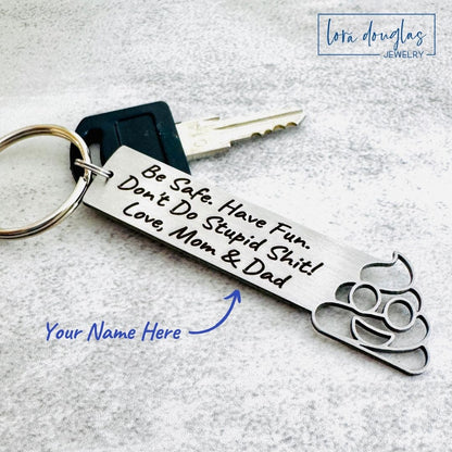 Don't Do Stupid Shit Poop Emoji Cutout Keychain, Personalized Funny Stainless Steel Keyring, Customize With Your Name, Gift Bag Included