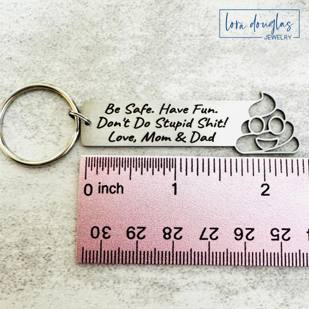 Don't Do Stupid Shit Poop Emoji Cutout Keychain, Personalized Funny Stainless Steel Keyring, Customize With Your Name, Gift Bag Included