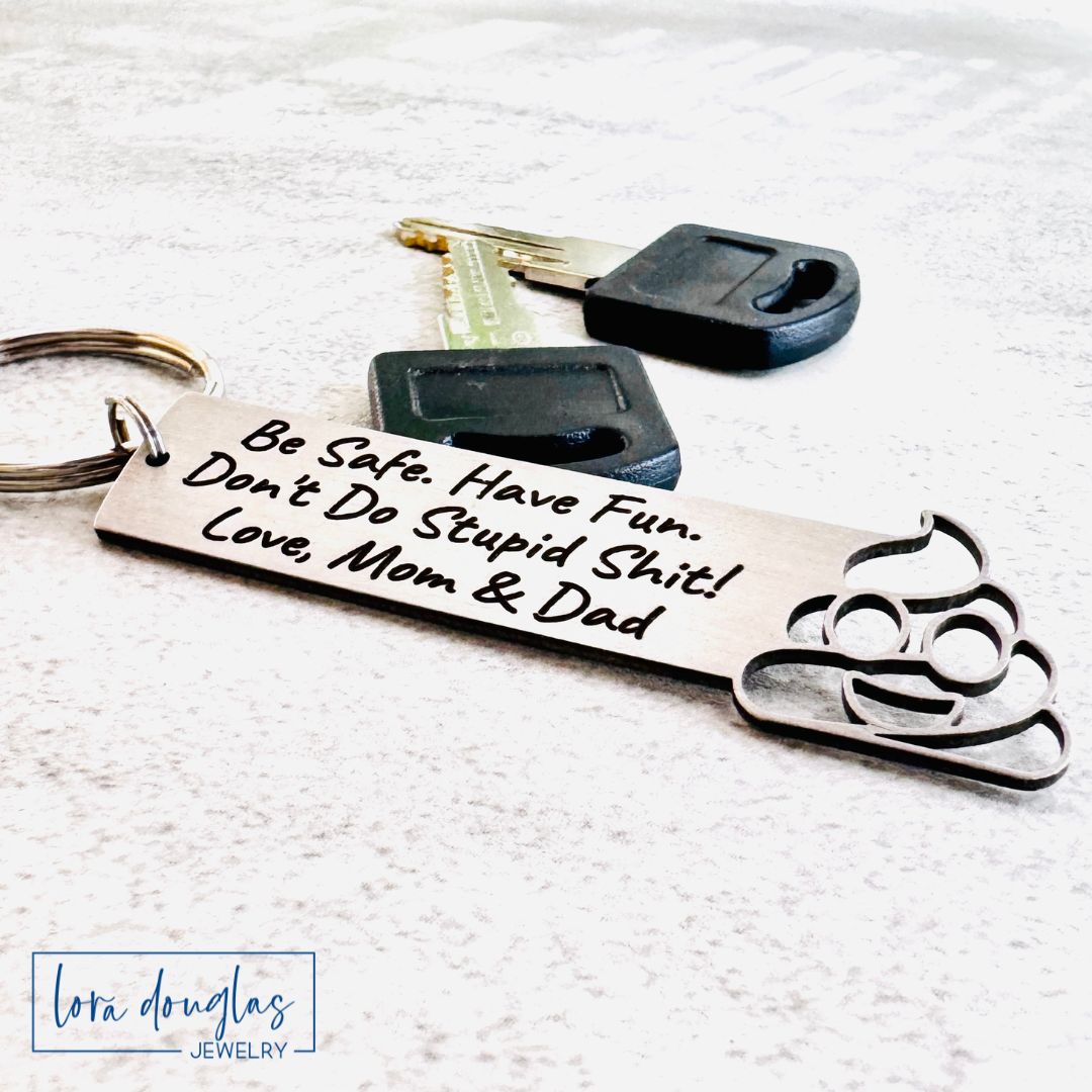 Don't Do Stupid Shit Poop Emoji Cutout Keychain, Personalized Funny Stainless Steel Keyring, Customize With Your Name, Gift Bag Included