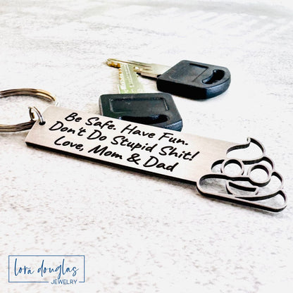 Don't Do Stupid Shit Poop Emoji Cutout Keychain, Personalized Funny Stainless Steel Keyring, Customize With Your Name, Gift Bag Included