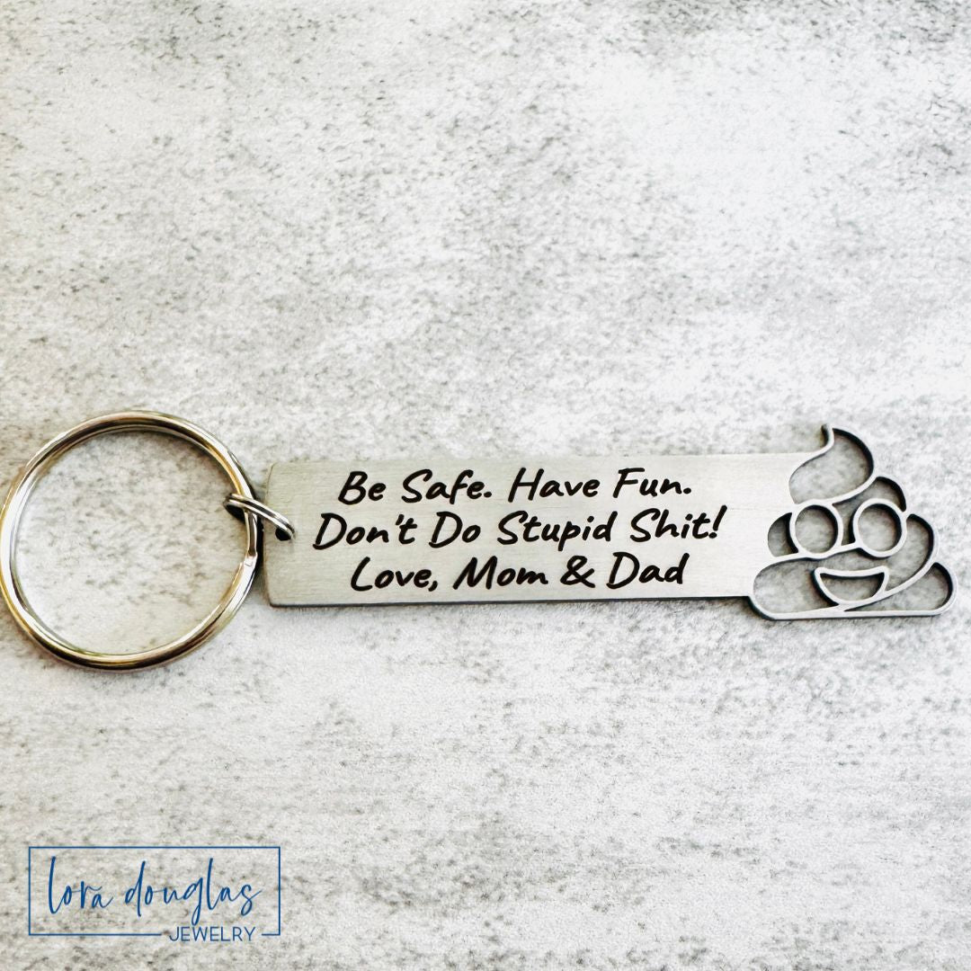 Don't Do Stupid Shit Poop Emoji Cutout Keychain, Personalized Funny Stainless Steel Keyring, Customize With Your Name, Gift Bag Included