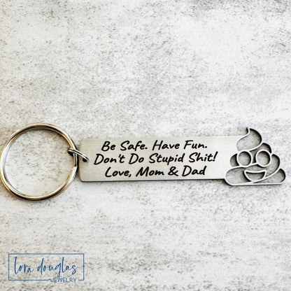 Don't Do Stupid Shit Poop Emoji Cutout Keychain, Personalized Funny Stainless Steel Keyring, Customize With Your Name, Gift Bag Included