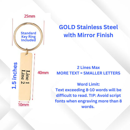 size for A gold stainless steel keychain with an custom engraved text