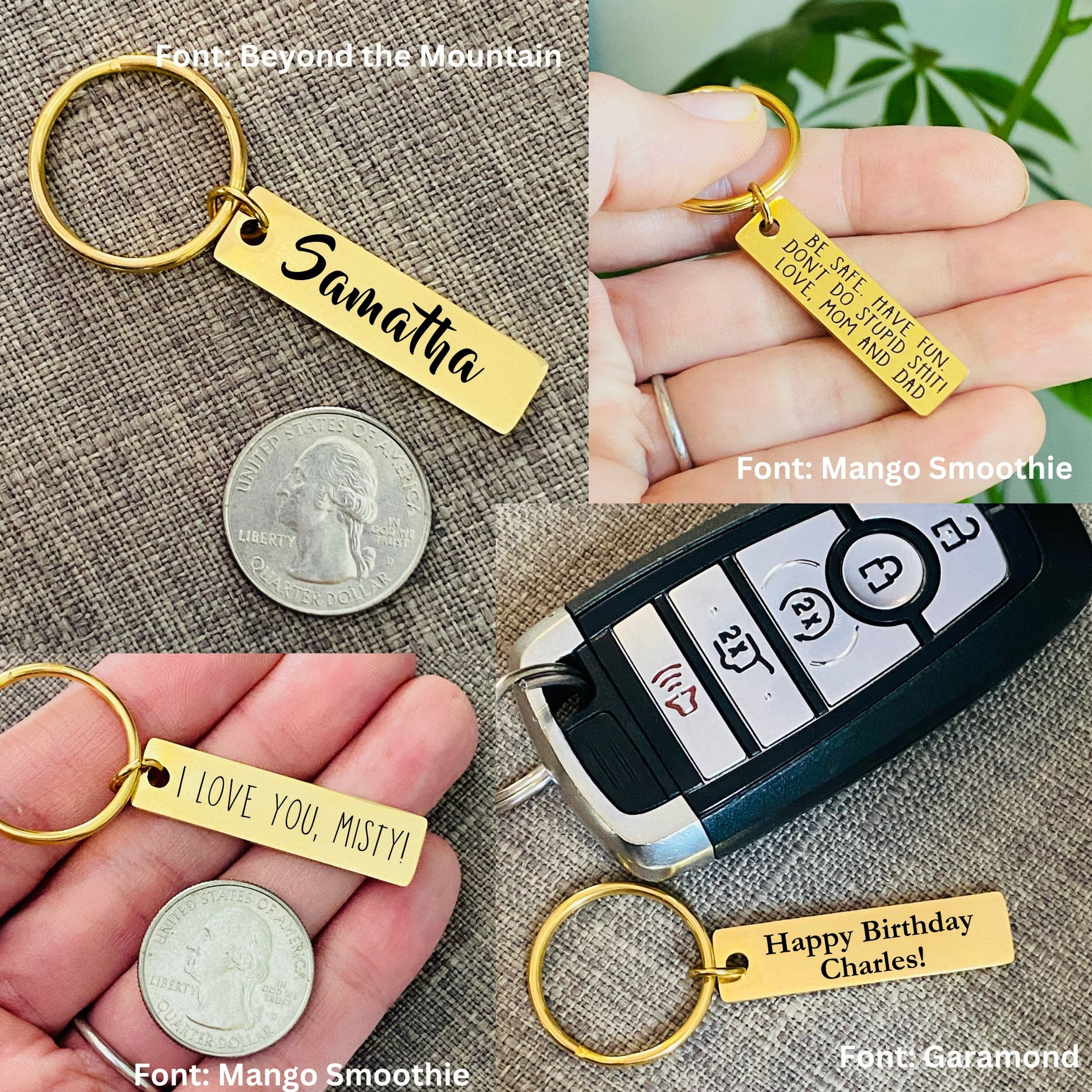 examples of A gold stainless steel keychain with an custom engraved text