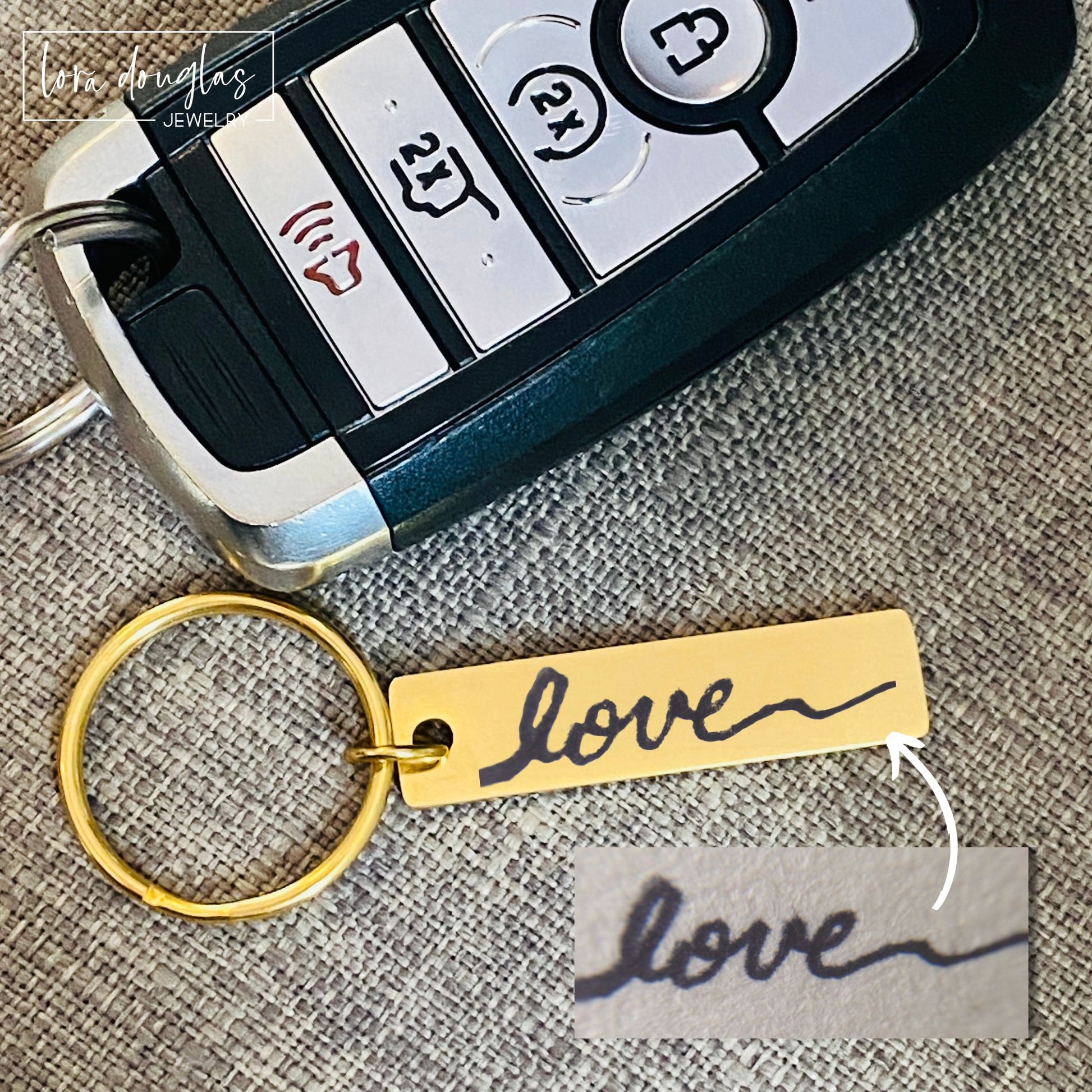gold stainless steel keychain. Laser engraved with your own handwritten message