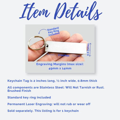 Business bag ID tag keychain personalized with permanent laser engraved logo artwork on a slim stainless steel tag, designed to identify company bags, equipment, cases, keys, or other business property with professional branding
