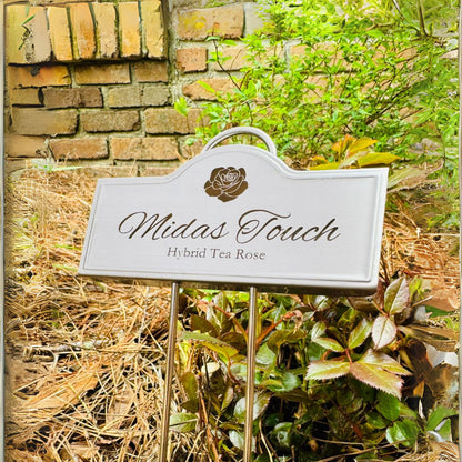 Crafted from silver stainless steel, this garden marker is laser engraved with your Logo and custom text
