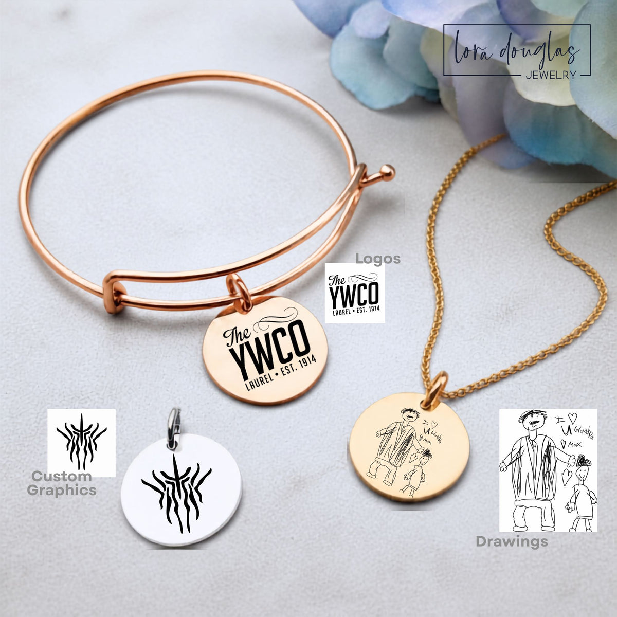 Custom artwork jewelry featuring a personal black and white design laser engraved on a round stainless steel pendant, available in silver, gold, or rose gold as a custom charm, necklace, or bangle bracelet