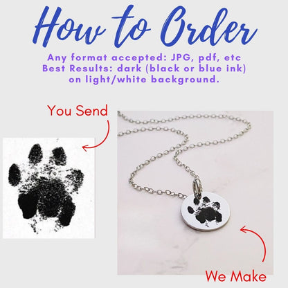 Custom pet memorial charm engraved with a real dog paw print or cat nose print. Stainless steel jewelry available as a charm, necklace, or bracelet in silver, gold, and rose gold with permanent laser engraving.