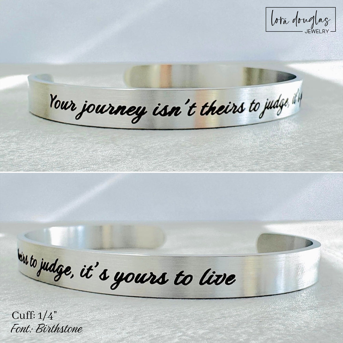 Custom text cuff bracelet shown with personalized engraving across the stainless steel surface, available in multiple widths and two bracelet lengths for creating a meaningful everyday piece or personalized gift.