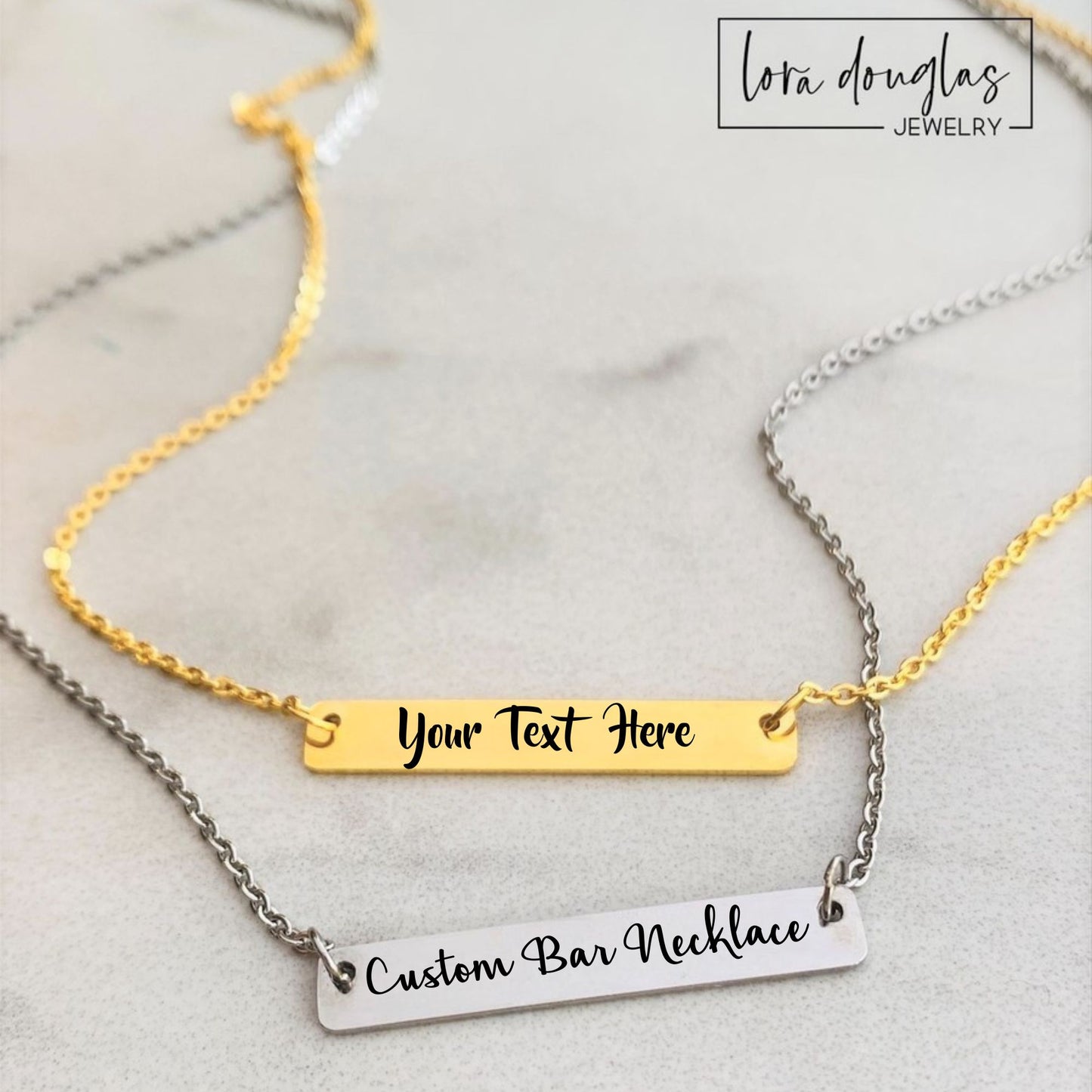 Gold or silver laser engraved bar necklace. personalized with your text. 