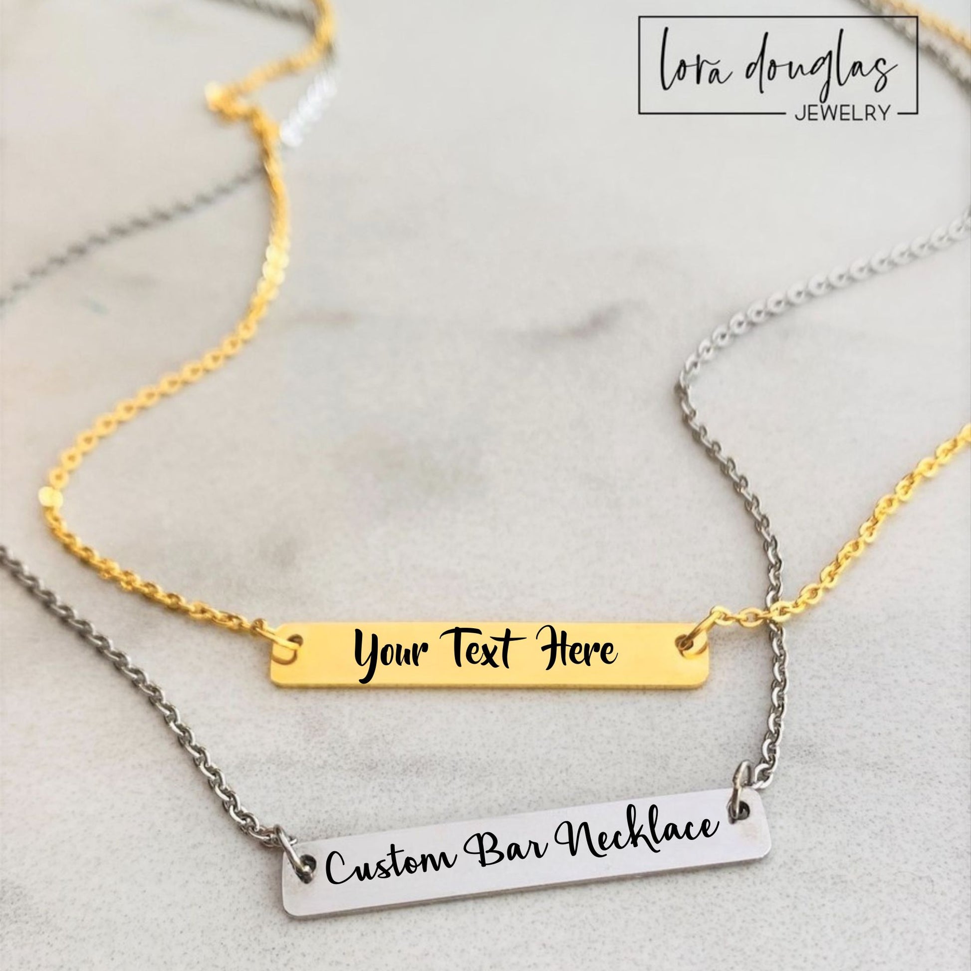 Gold or silver laser engraved bar necklace. personalized with your text. 