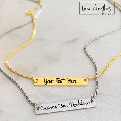 Gold or silver laser engraved bar necklace. personalized with your text. 