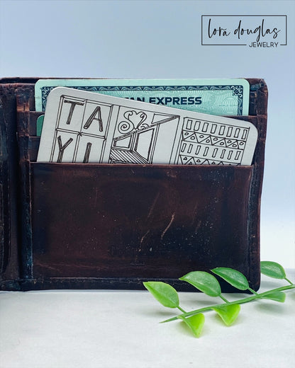 Engraved metal wallet card preserving a loved one's handwritten note, signature, recipe, drawing, or special message. Personalized remembrance gift for someone grieving the loss of a parent, spouse, grandparent, family member, or friend.