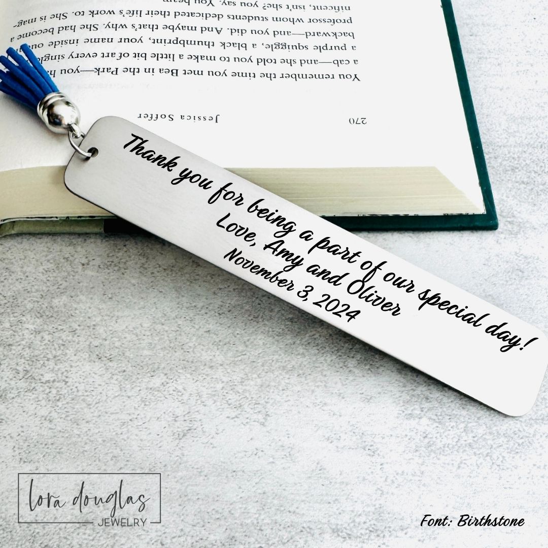 Engraved stainless steel wedding bookmark customized with the couple's names, wedding date, and "Thank You for Being a Part of Our Special Day." A meaningful wedding favor or appreciation gift for bridal party members and ceremony participants.