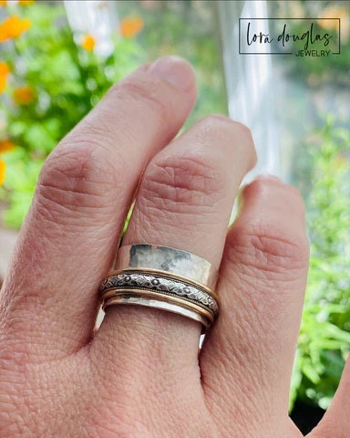 Spinner Ring, Fidget Ring, 925 Sterling Silver and Gold Filled, Size 8.25