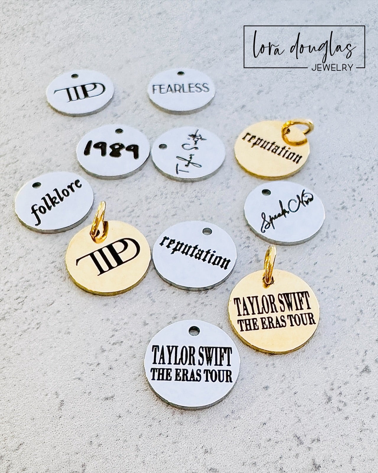 Friendship Bracelet Charms for Swiftie Jewelry Making. gold or silver charms with taylor swift album titles engraved