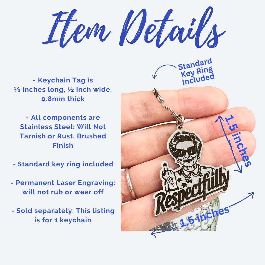 Funny Respectfully middle finger stainless steel keychain displayed with a car key, showing how the engraved design works as an everyday key ring, purse charm, backpack accessory or irreverent bag tag.