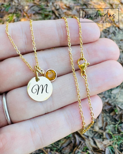 Gold initial necklace with birthstone charm