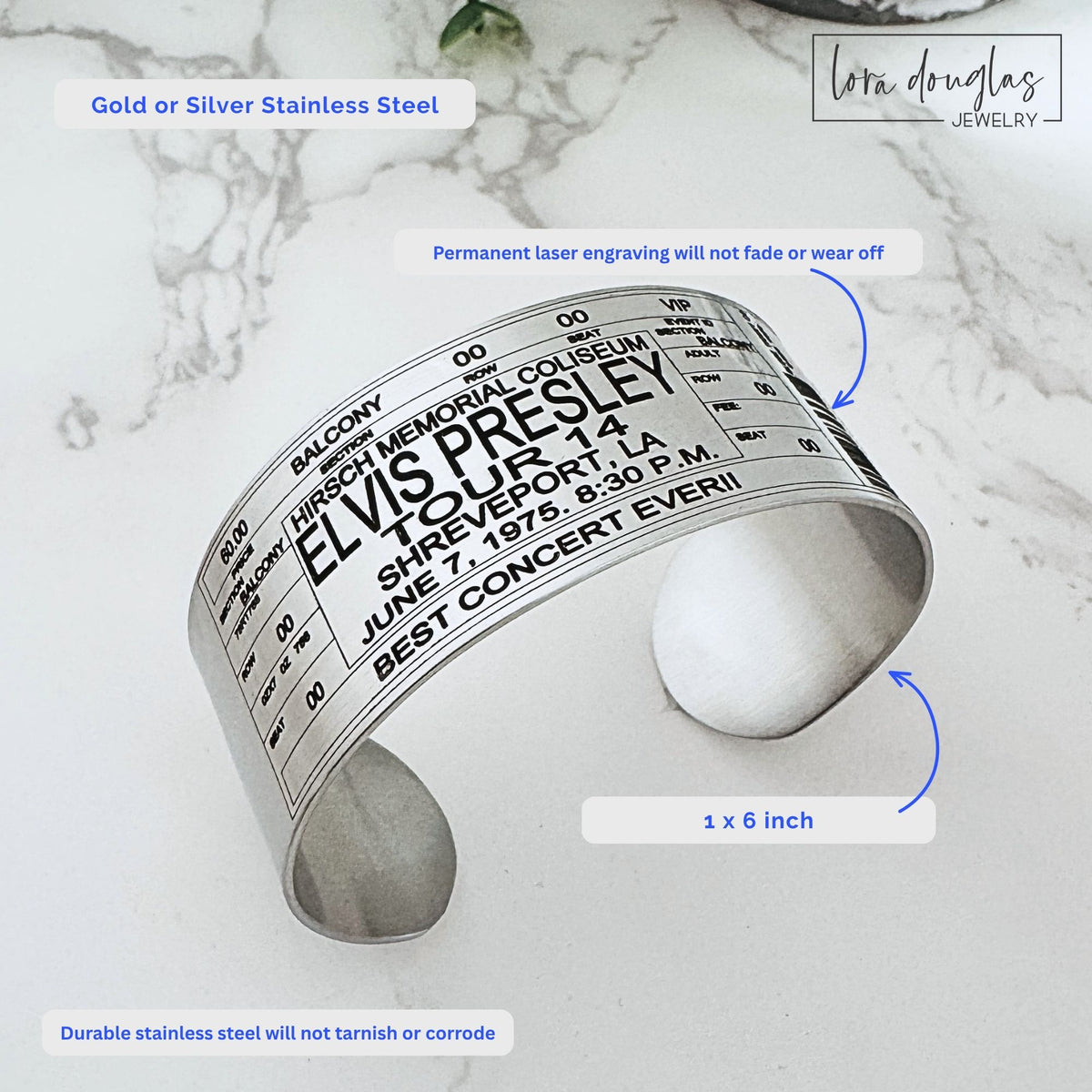 Gold stainless steel concert ticket bracelet personalized with event and seating details in a ticket inspired layout, creating a custom concert keepsake for remembering a favorite artist, tour or live performance.
