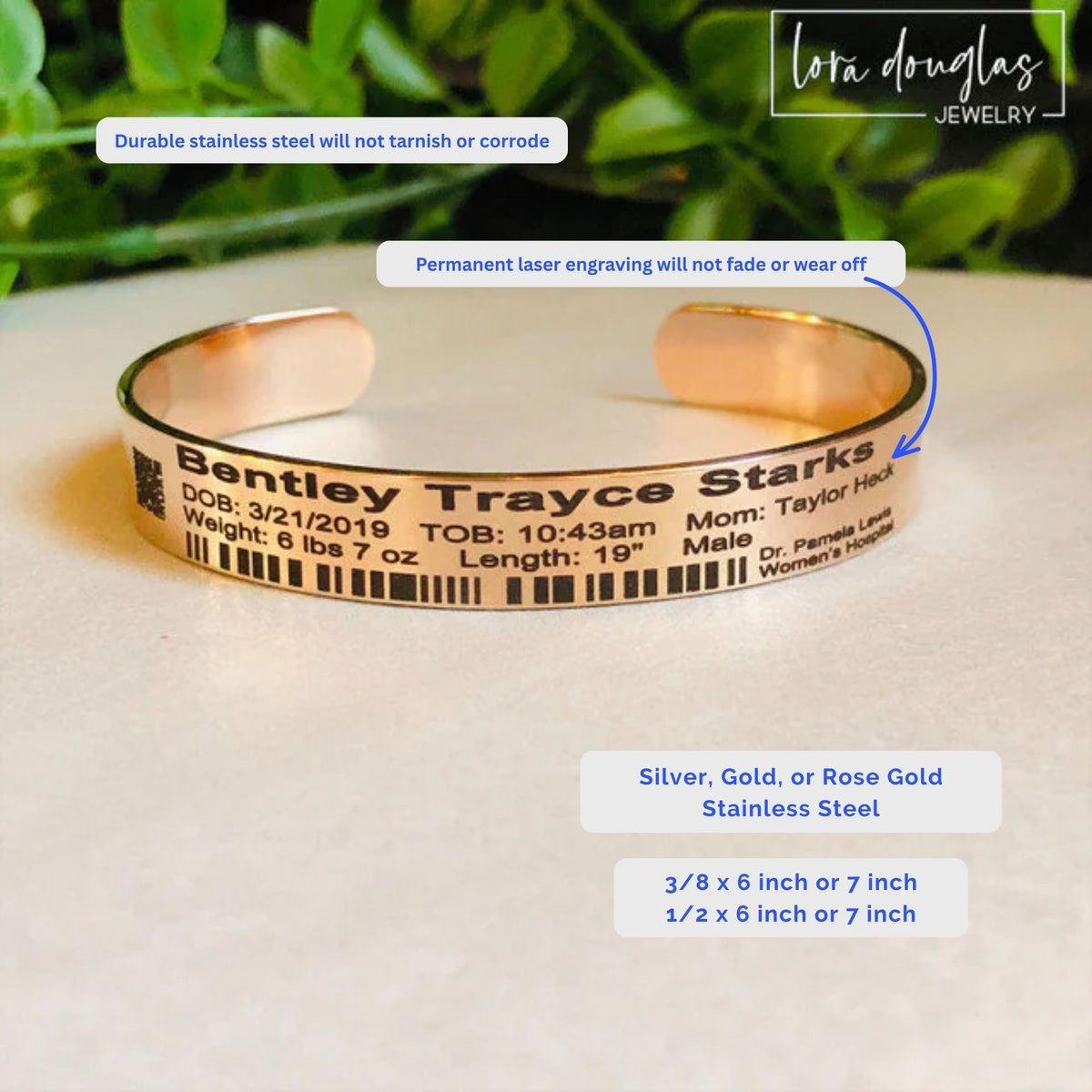 Gold stainless steel hospital bracelet keepsake custom engraved with a baby's birth and hospital details, creating a personalized newborn memory gift for parents who want to preserve information from their baby's arrival.
