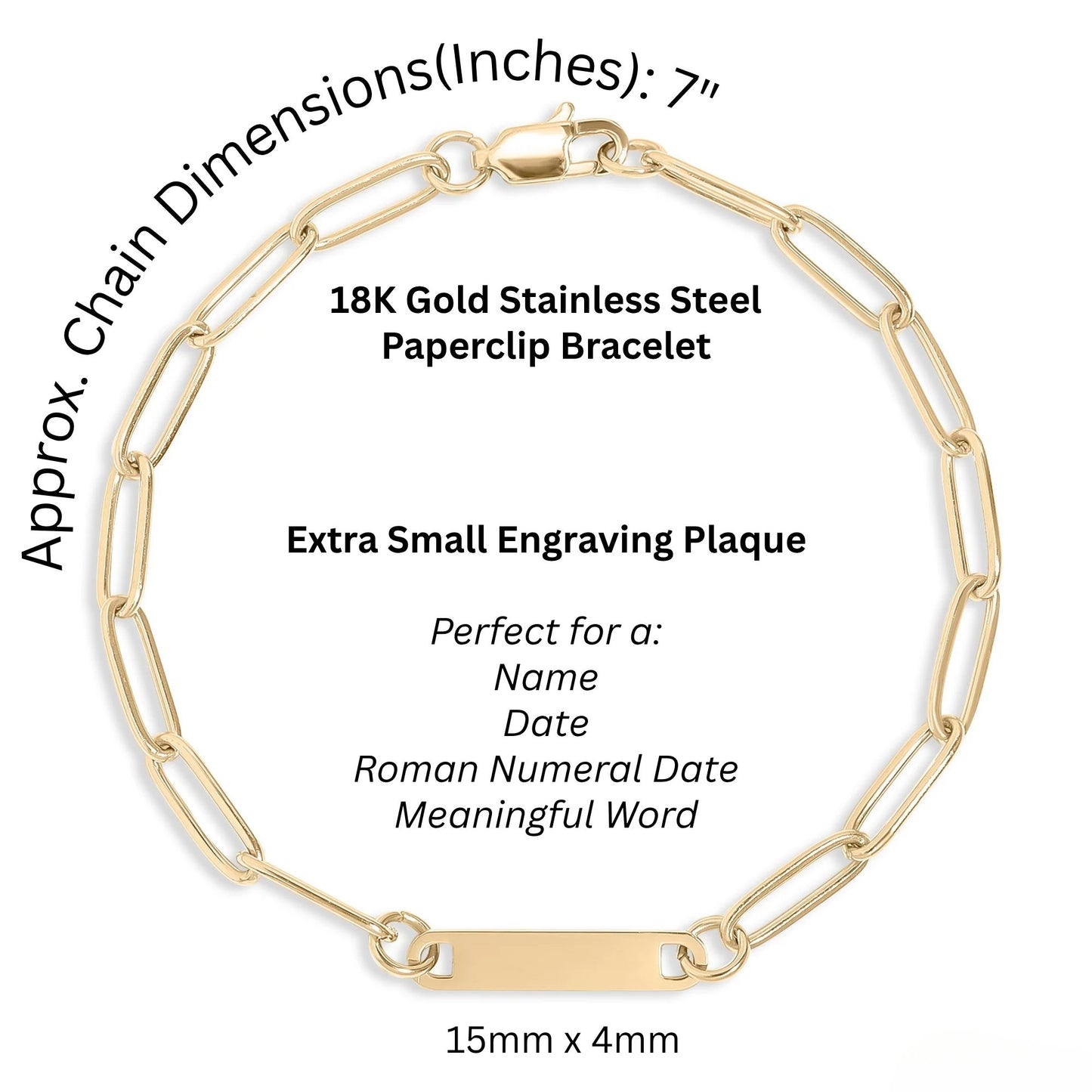Gold stainless steel paperclip bracelet with engraving plaque on a white background