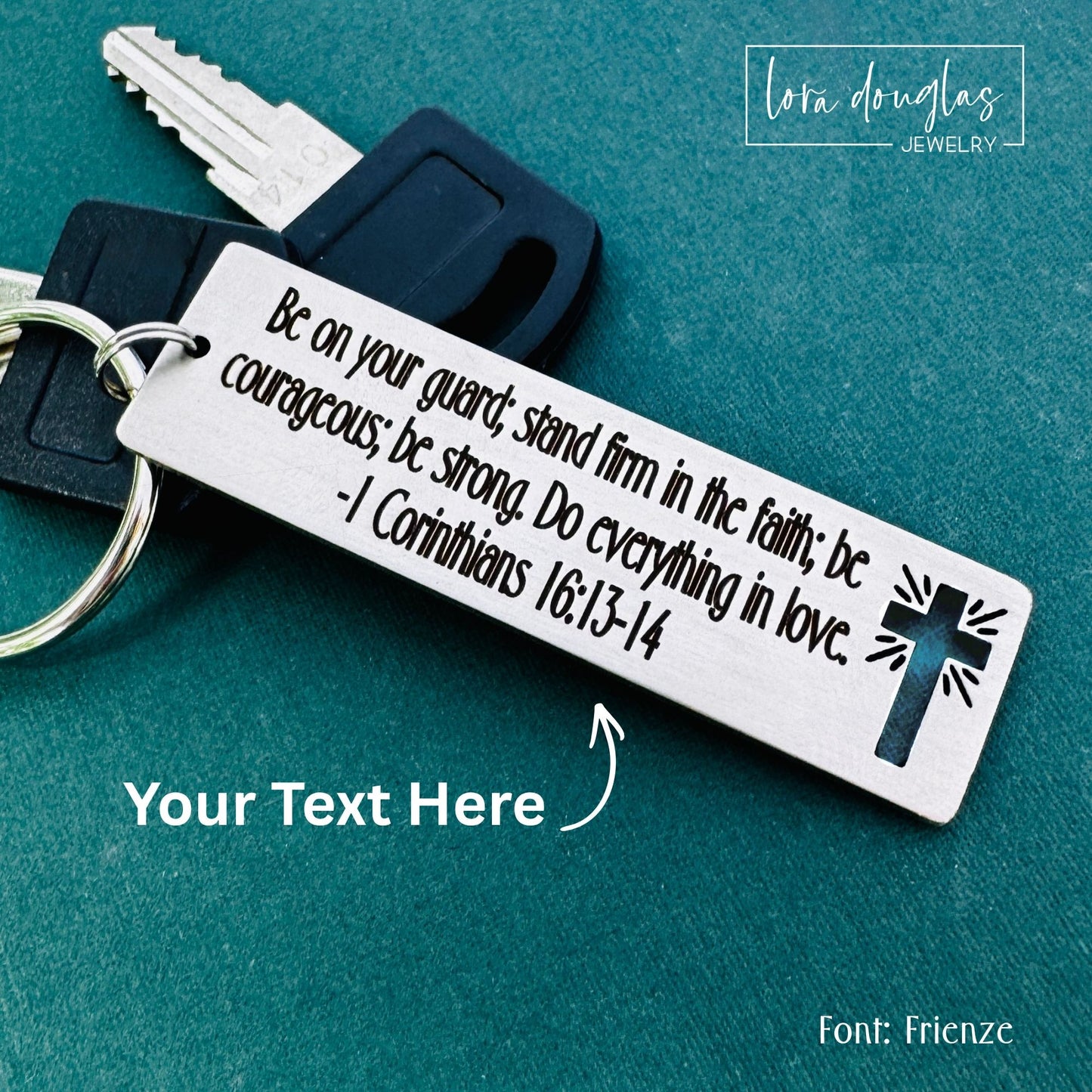 Laser engraved stainless steel keychain featuring faith message and cross cutout accent designed as Bible verse gift or encouragement gift.