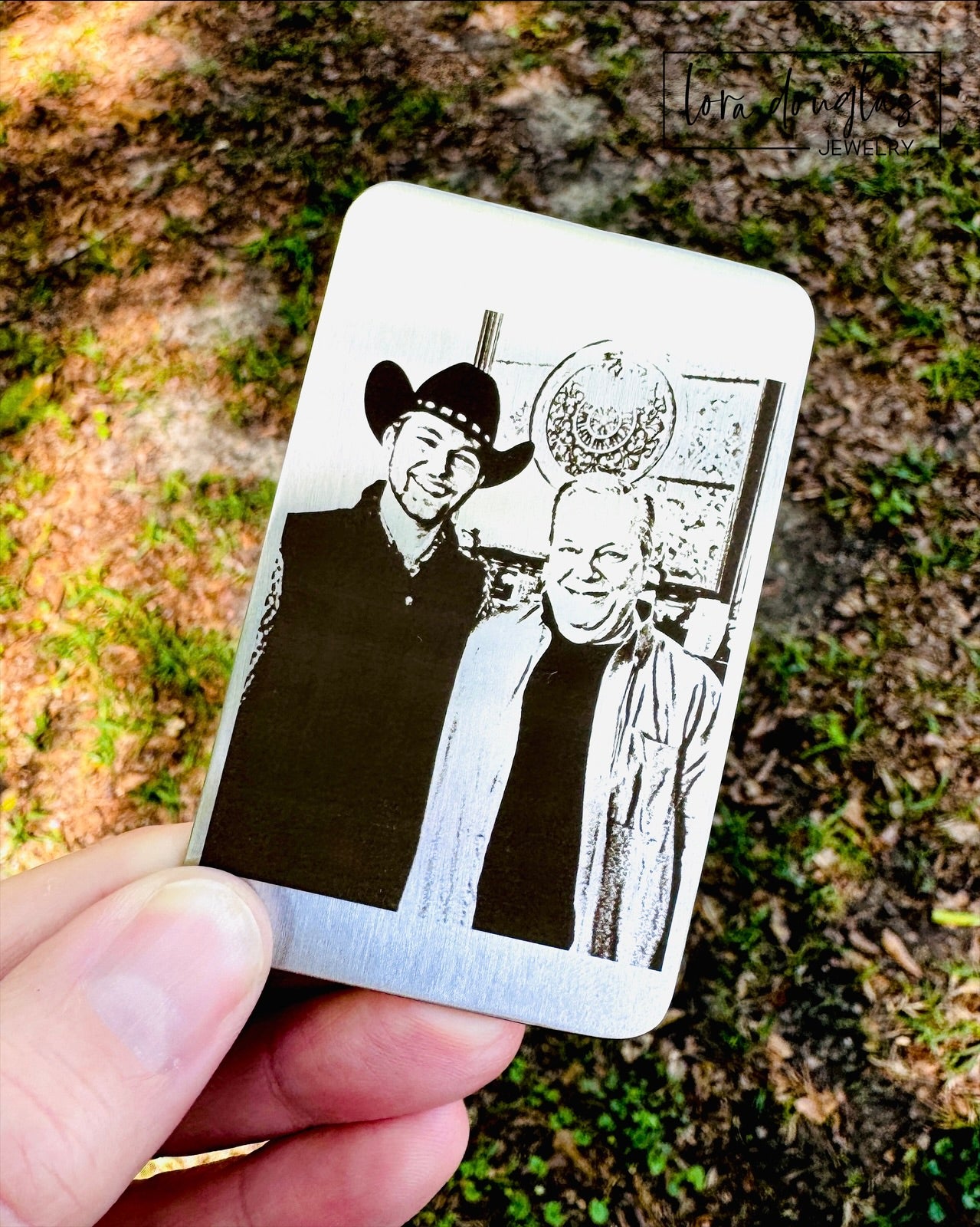 Matte silver stainless steel wallet card engraved with custom handwriting, artwork, a logo, recipe, or photograph. Permanent personalized keepsake suitable for daily wallet carry, tabletop display, or a framed shadow box memorial.