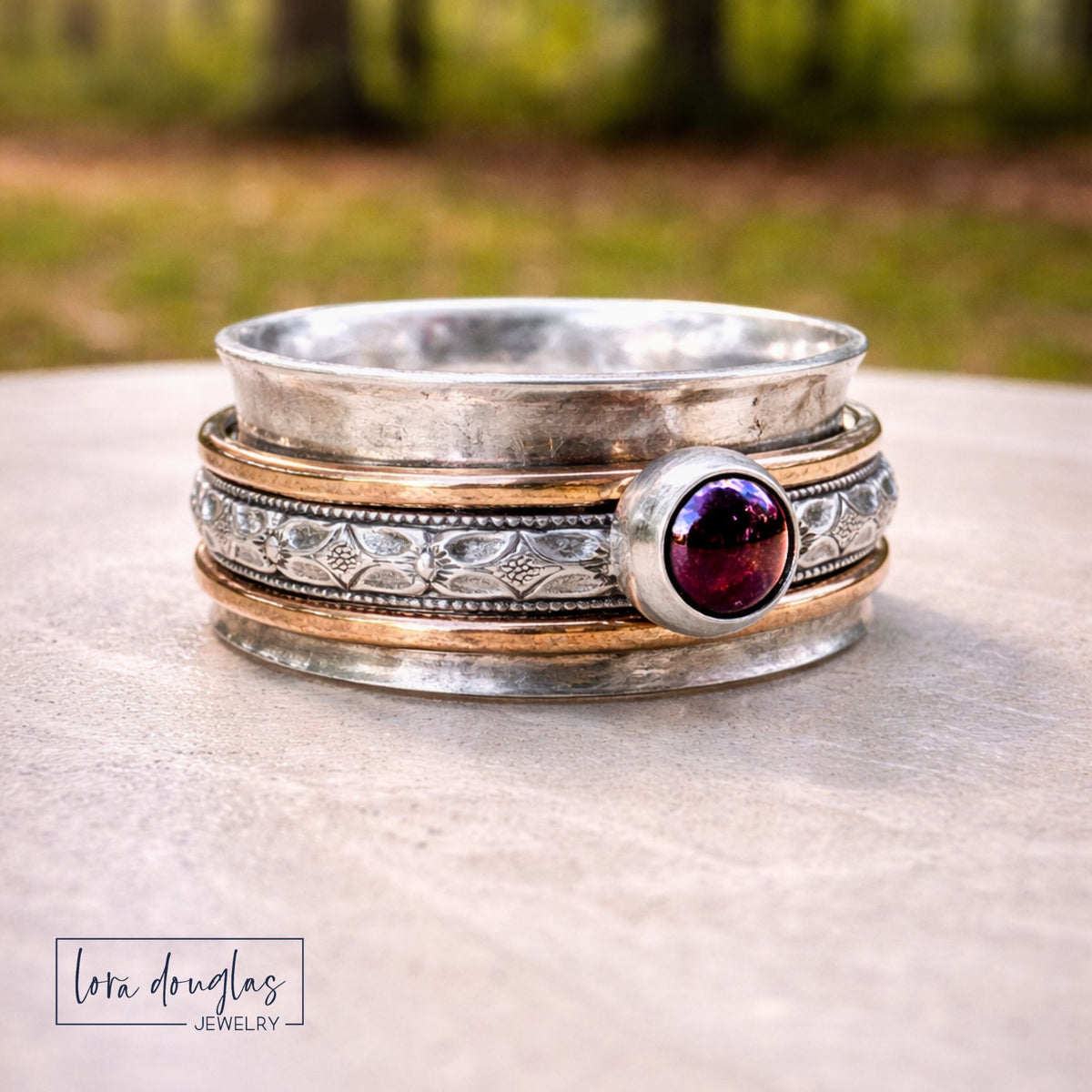 Mixed Metal Spinner Ring with Garnet Sterling Silver and Gold Filled Wide Band Ring Size 9.5