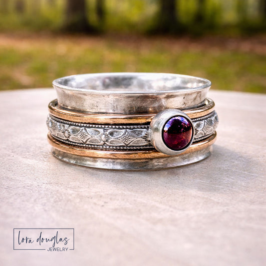 Mixed Metal Spinner Ring with Garnet Sterling Silver and Gold Filled Wide Band Ring Size 9.5